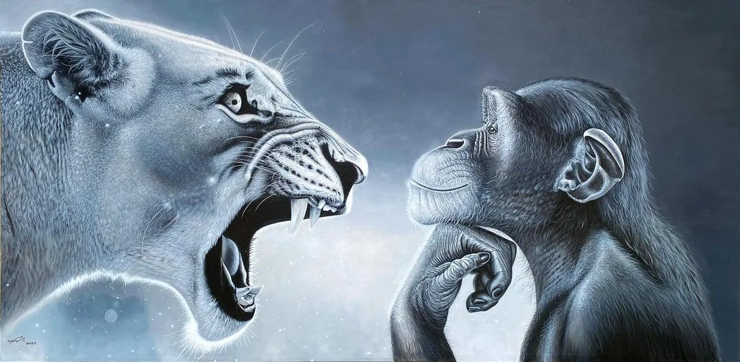 RAGEBAIT - Intense lion vs gorilla confrontation representing market chaos